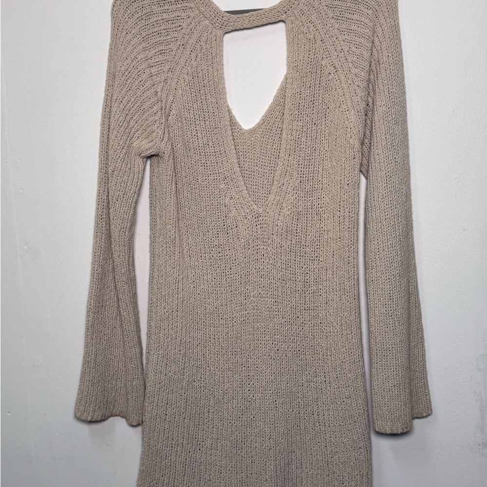 Free People V-Neck Sweater crochet knit sweater with bell sleeves open back - Picture 7 of 7